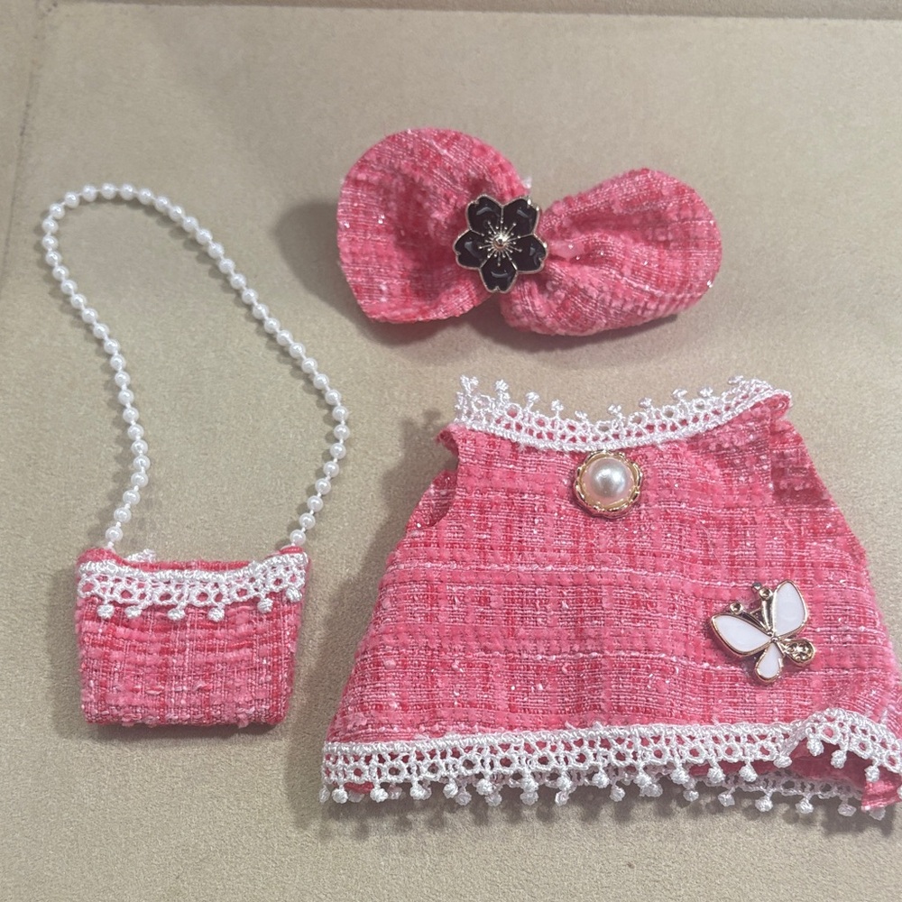 Pink Tweed Labubu Outfit with Accessories